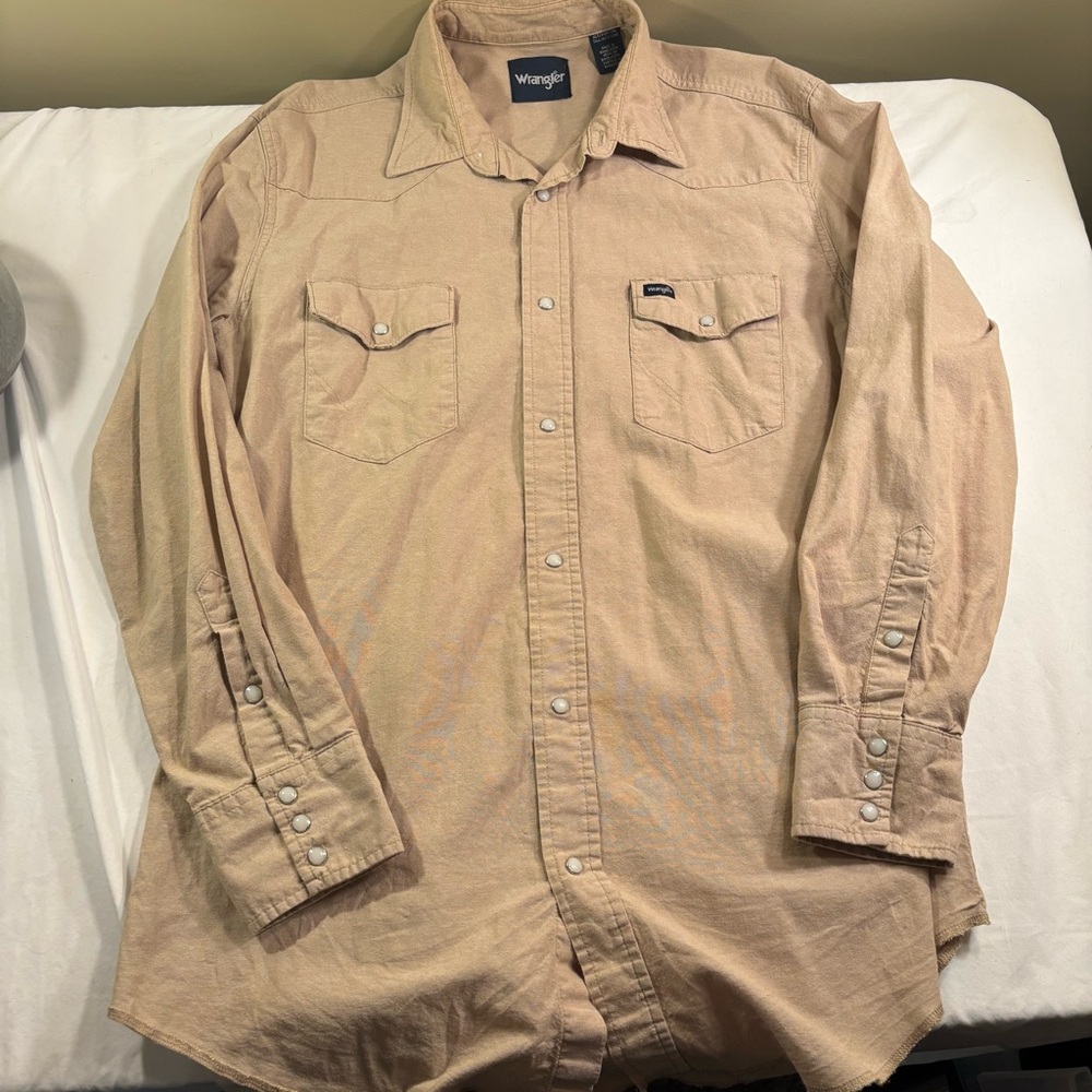 Wrangler Men’s Cowboy Cut Pearl Snap Western Work Shirt Long Sleeve Tan Size XLT